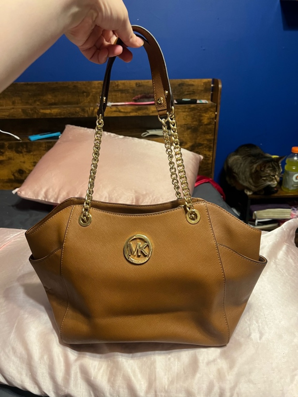 Michael Kors Tan Saffiano Leather Tote with Gold Chain Straps